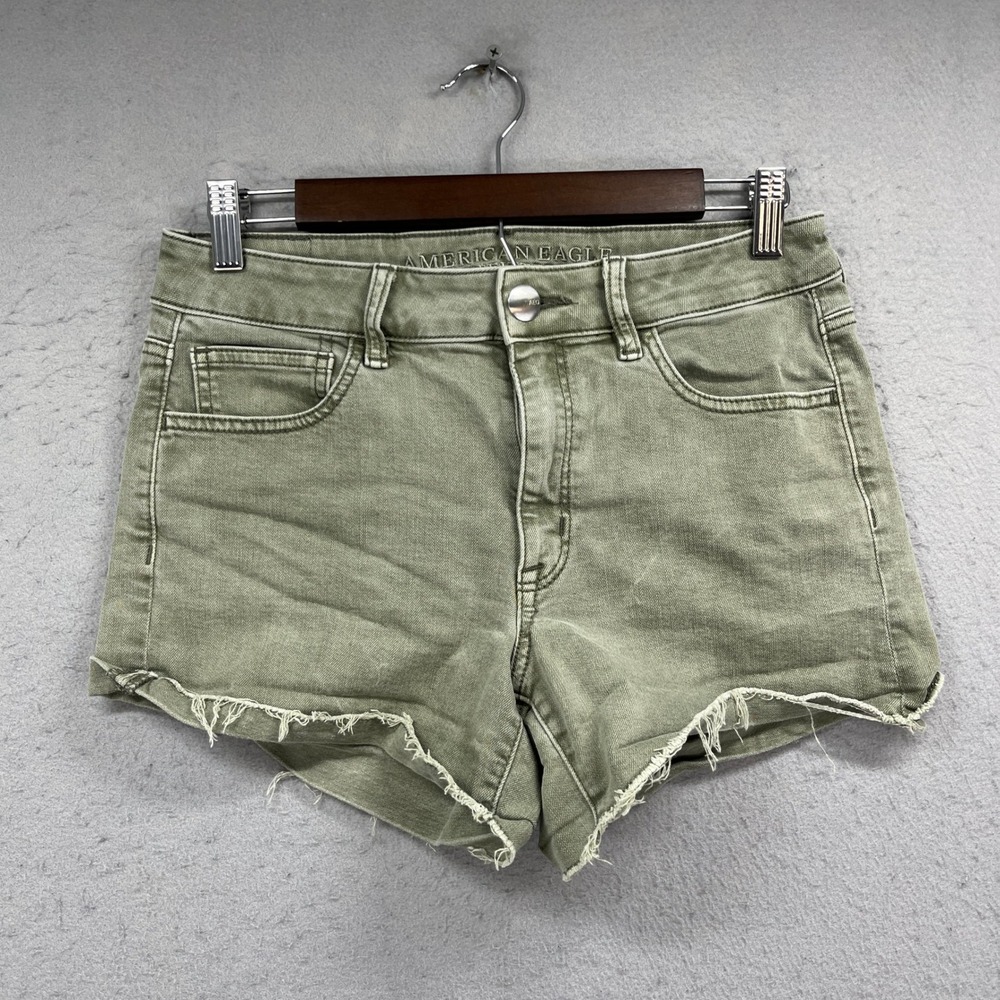 American Eagle Shorts Womens 6 Green Denim Jorts Hi-Rise Shortie Stretch Cutoff